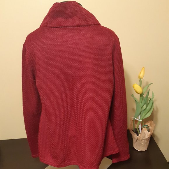 Deep Red Cowl Neck Asymmetrical Button Open Hemmed Sweater - Picture 3 of 9